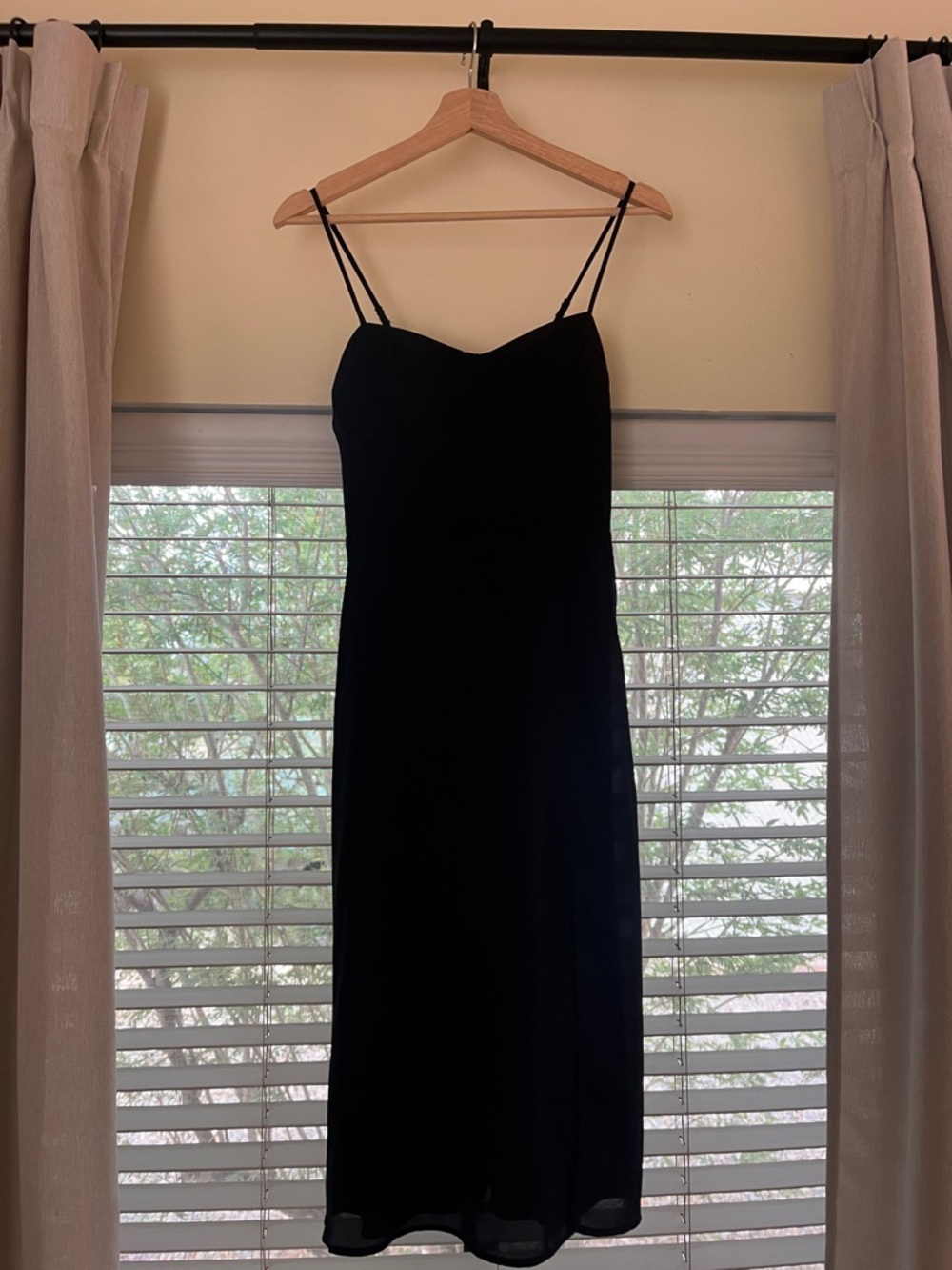 Socialite Black Slip Midi Dress with Double Spaghetti Straps